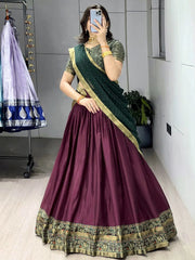Stunning Wine Printed Cotton Festival Wear Half Saree Lehenga