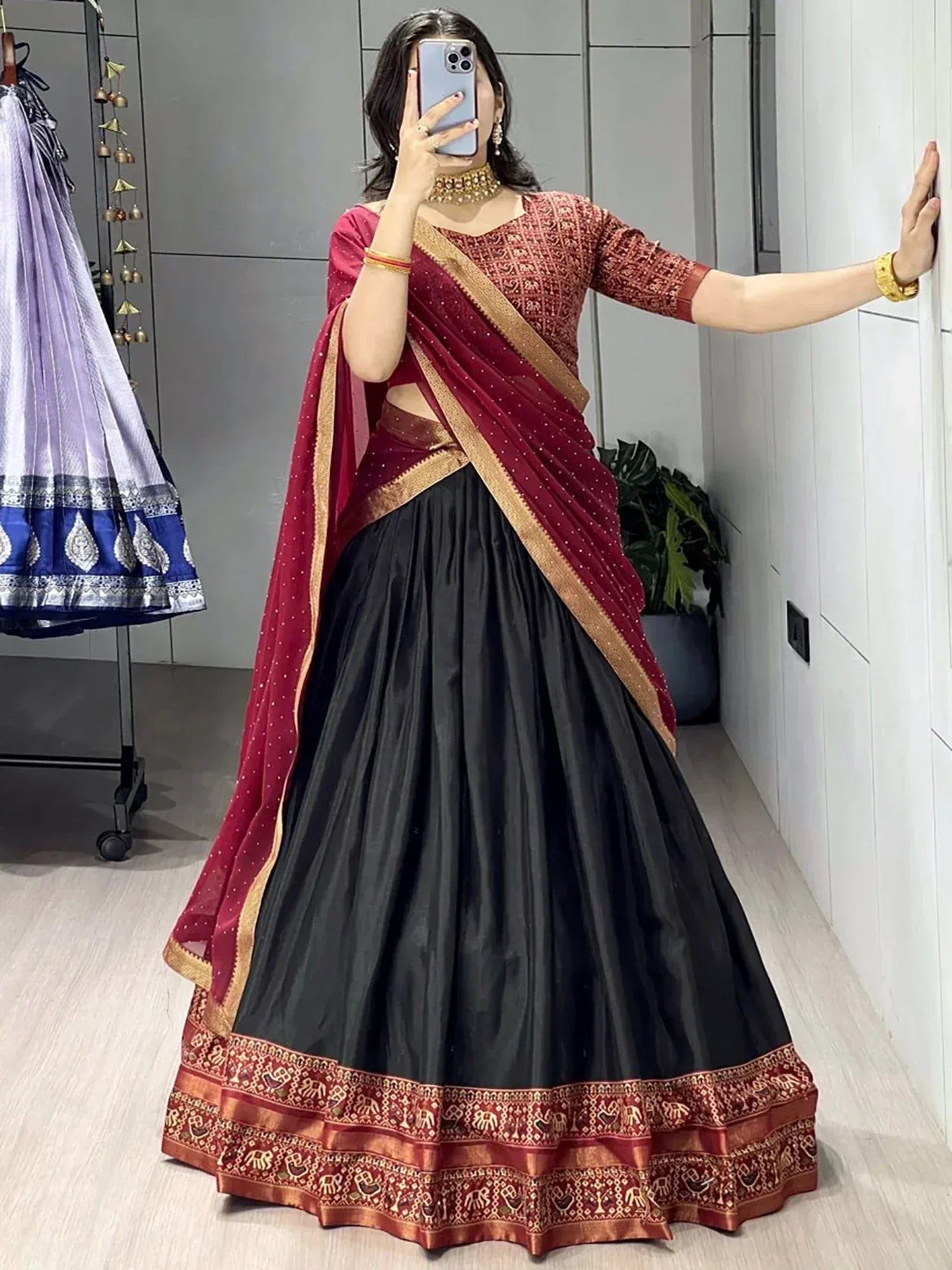 Impressive Black Printed Cotton Bridesmaid Half Saree Lehenga