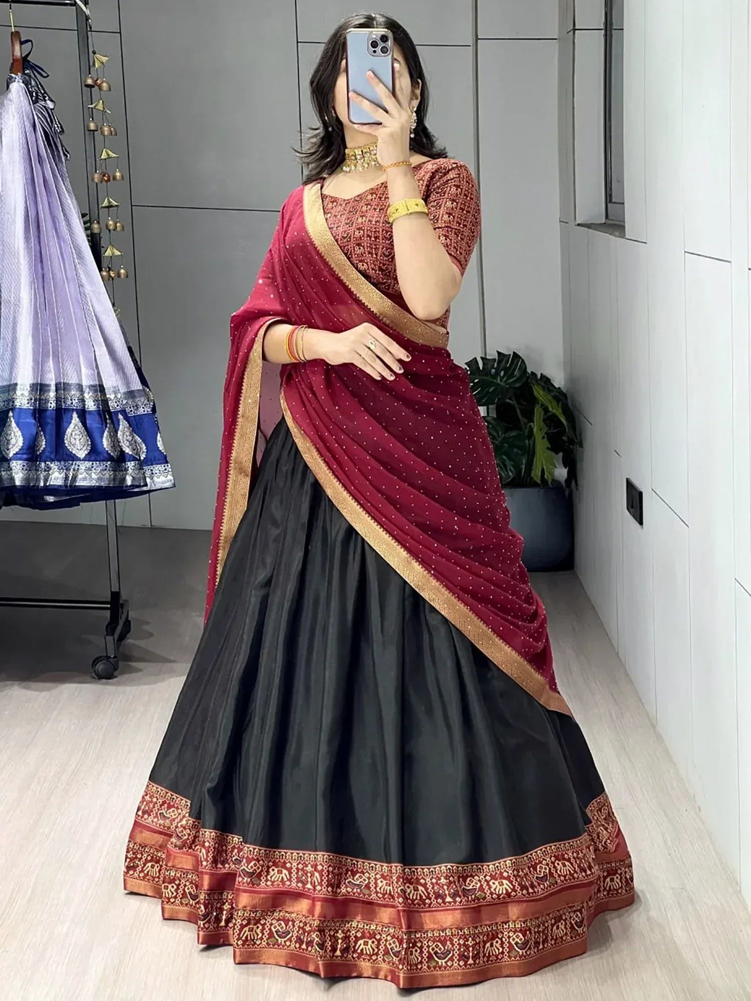 Impressive Black Printed Cotton Bridesmaid Half Saree Lehenga