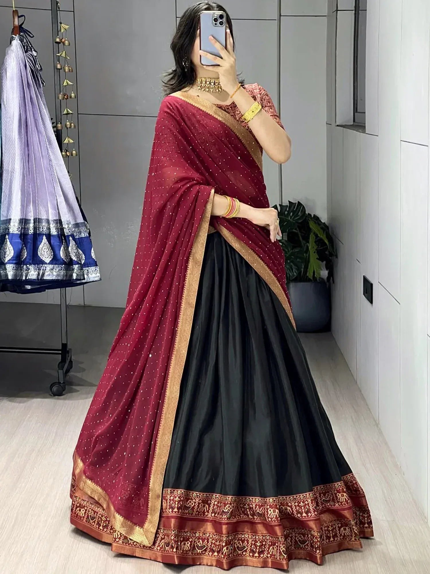 Impressive Black Printed Cotton Bridesmaid Half Saree Lehenga