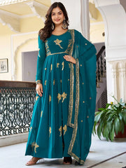 Attractive Green Embroidered Georgette Festival Wear Gown With Dupatta