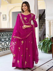 Attractive Pink Embroidered Georgette Wedding Wear Gown With Dupatta