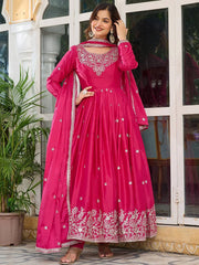 Lovely Pink Embroidered Silk Festival Wear Gown With Dupatta