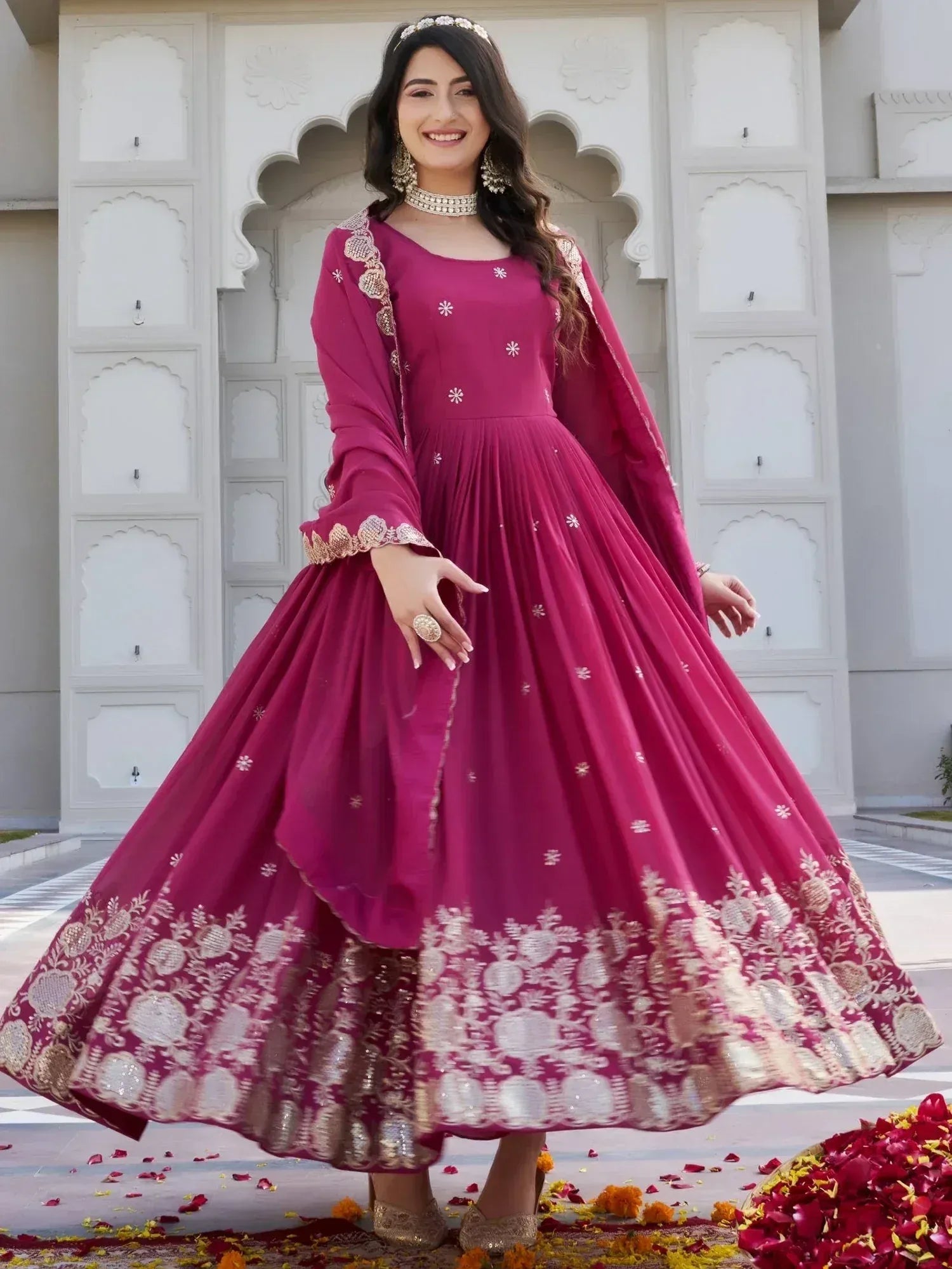 Sparkling Pink Embroidered Georgette Wedding Wear Gown With Dupatta