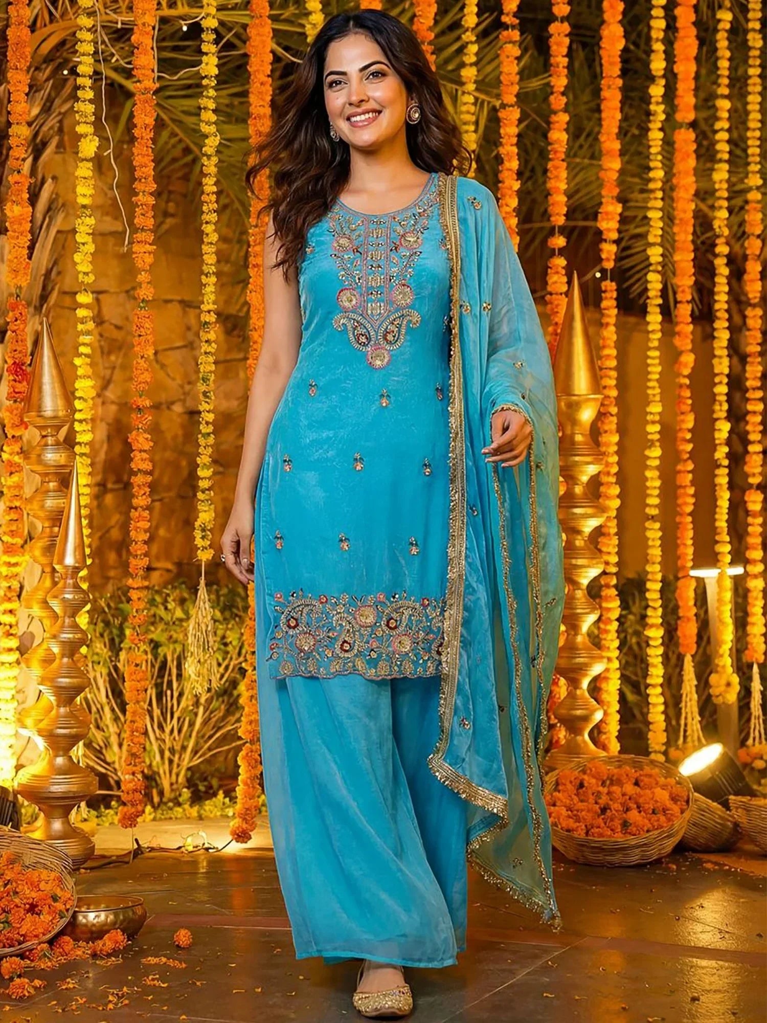 Glamorous Blue Embroidered Silk Wedding Wear Palazzo Suit