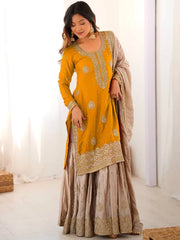 Impressive Yellow Embroidered Silk Festival Wear Sharara Suit