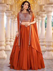 Attractive Orange Beads Work Silk Function Wear Cape Lehenga Choli