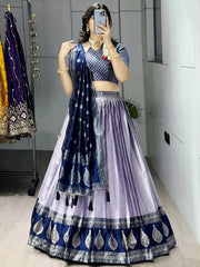 Great Purple And Blue Zari Weaving Silk Wedding Wear Lehenga Choli