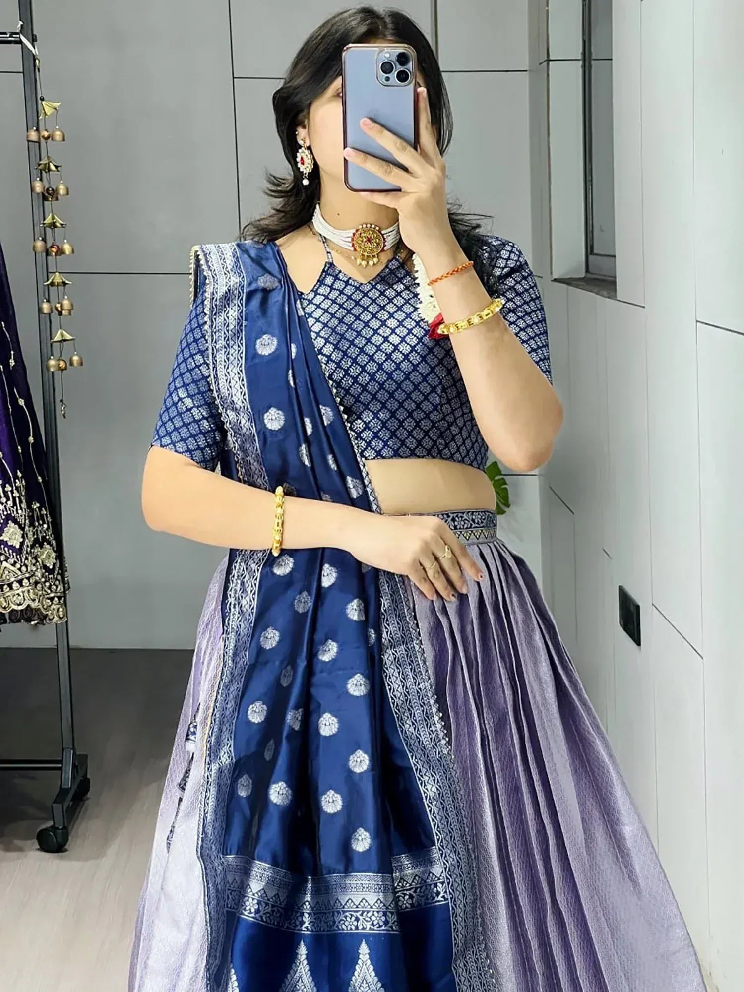 Great Purple And Blue Zari Weaving Silk Wedding Wear Lehenga Choli