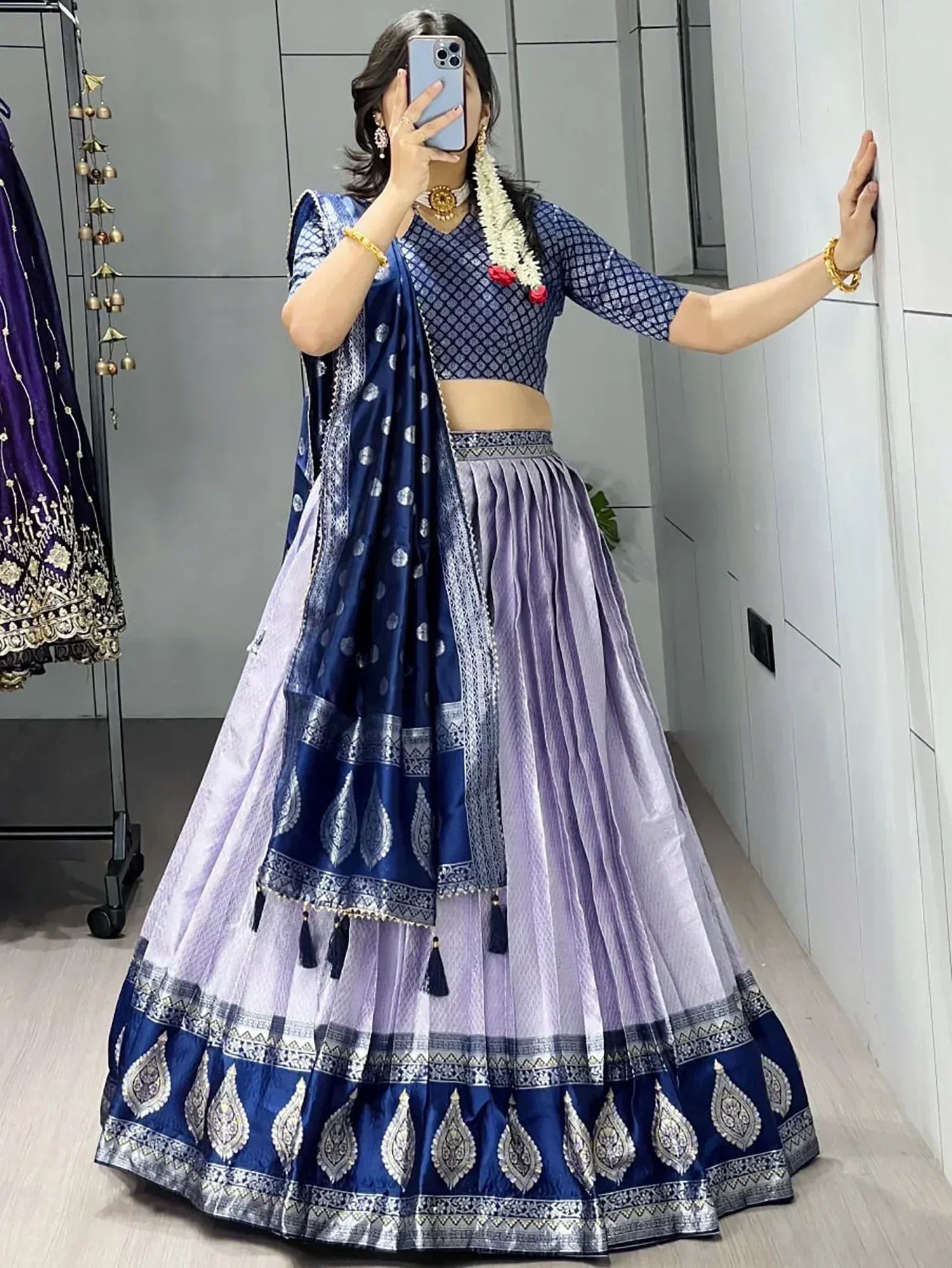 Great Purple And Blue Zari Weaving Silk Wedding Wear Lehenga Choli