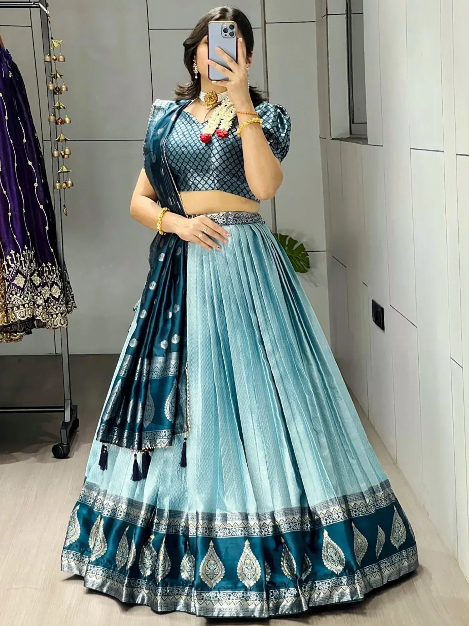 Impressive Blue Zari Weaving Silk Function Wear Lehenga Choli