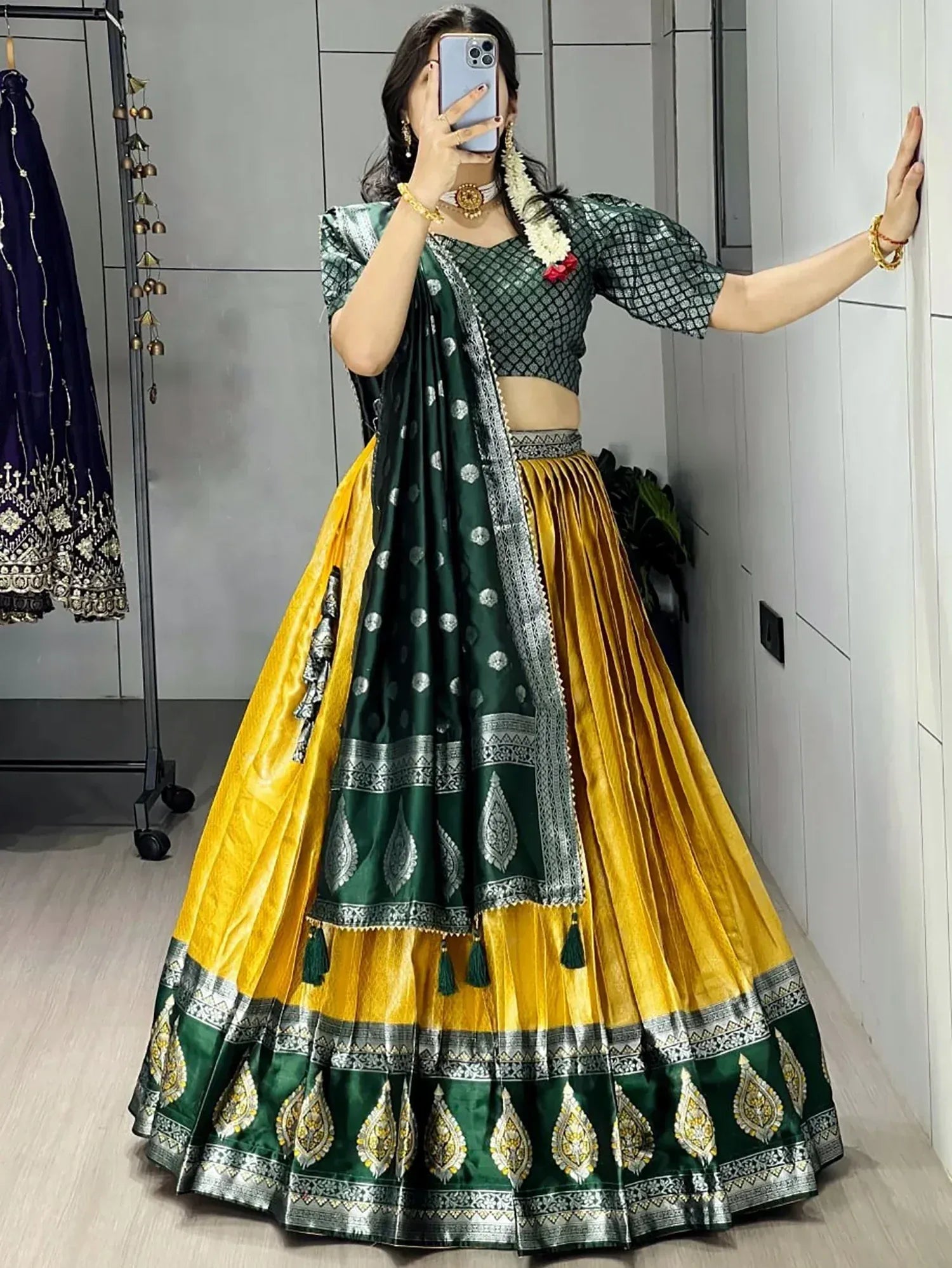 Stylish Yellow And Green Zari Weaving Silk Haldi Wear Lehenga Choli