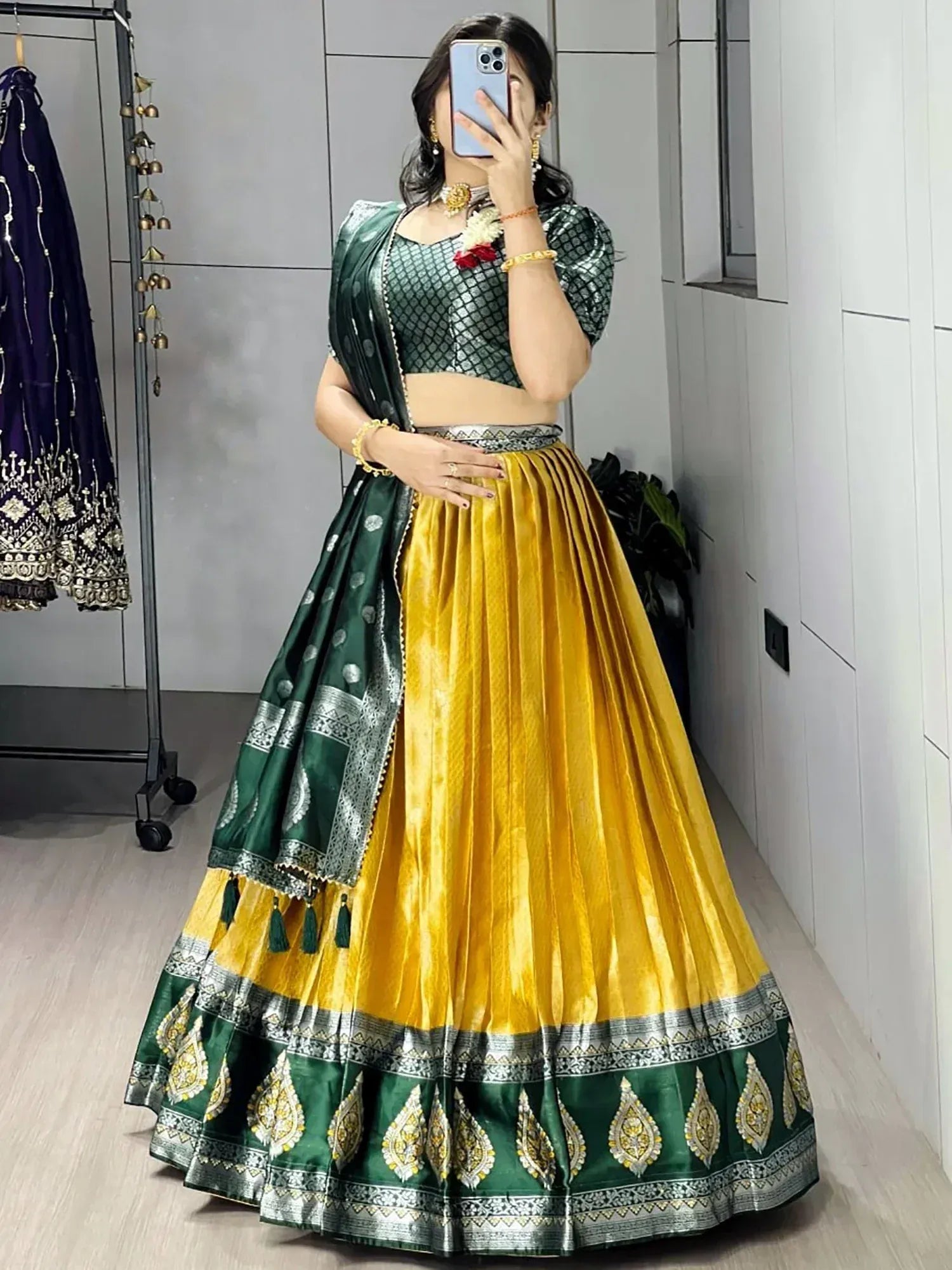 Stylish Yellow And Green Zari Weaving Silk Haldi Wear Lehenga Choli