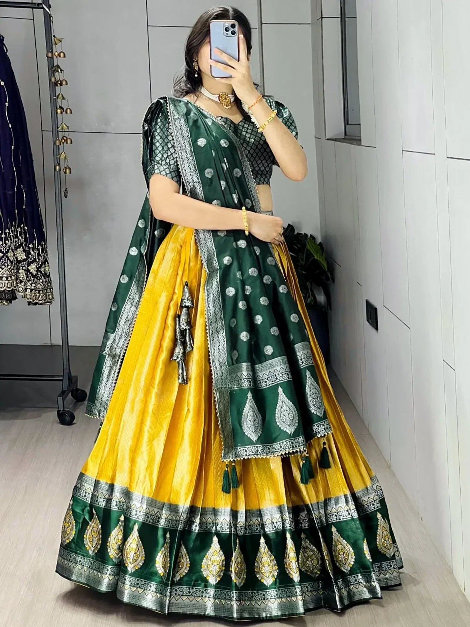 Stylish Yellow And Green Zari Weaving Silk Haldi Wear Lehenga Choli