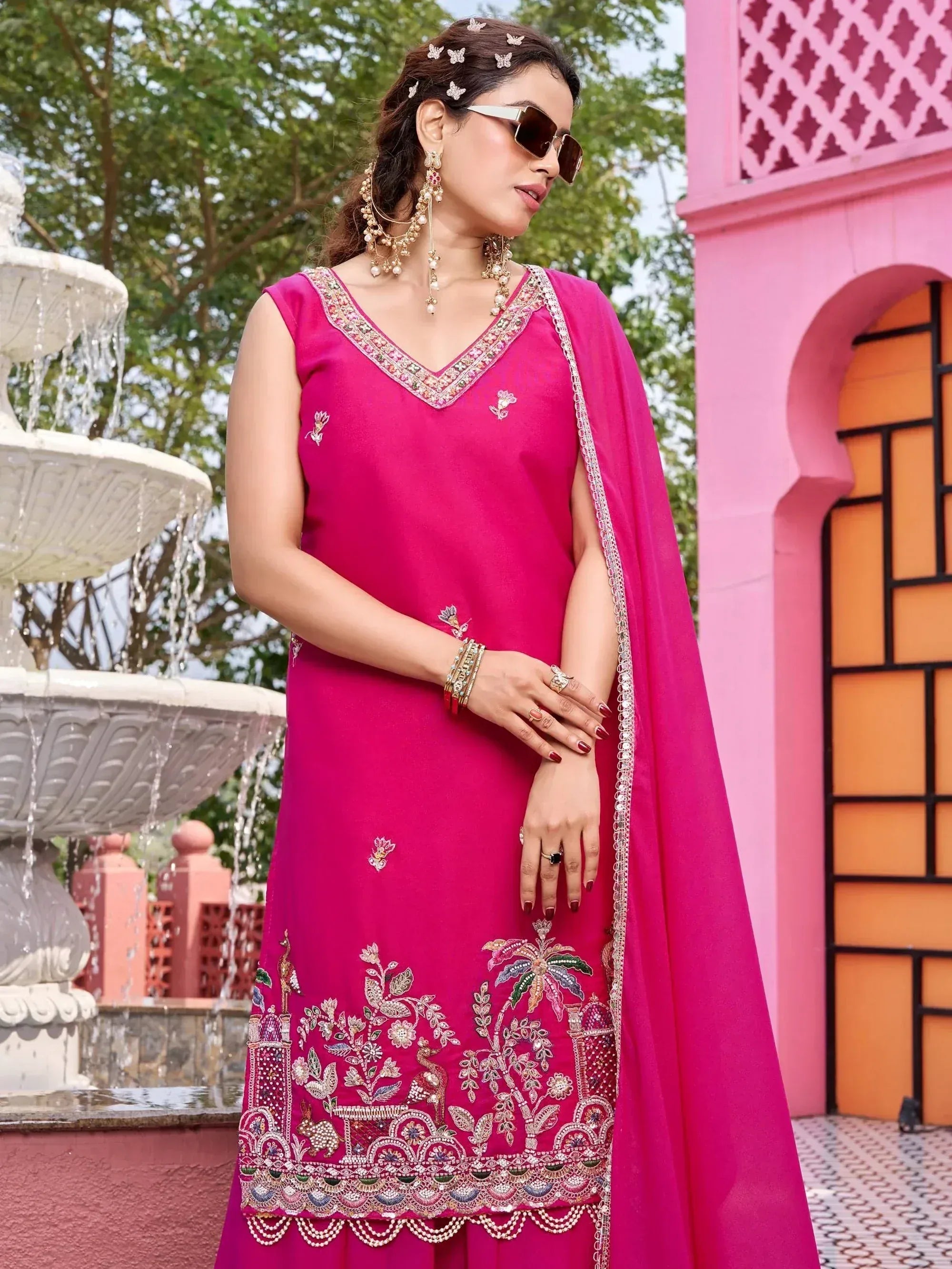 Awesome Pink Embroidered Georgette Wedding Wear Palazzo Suit