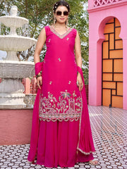 Awesome Pink Embroidered Georgette Wedding Wear Palazzo Suit