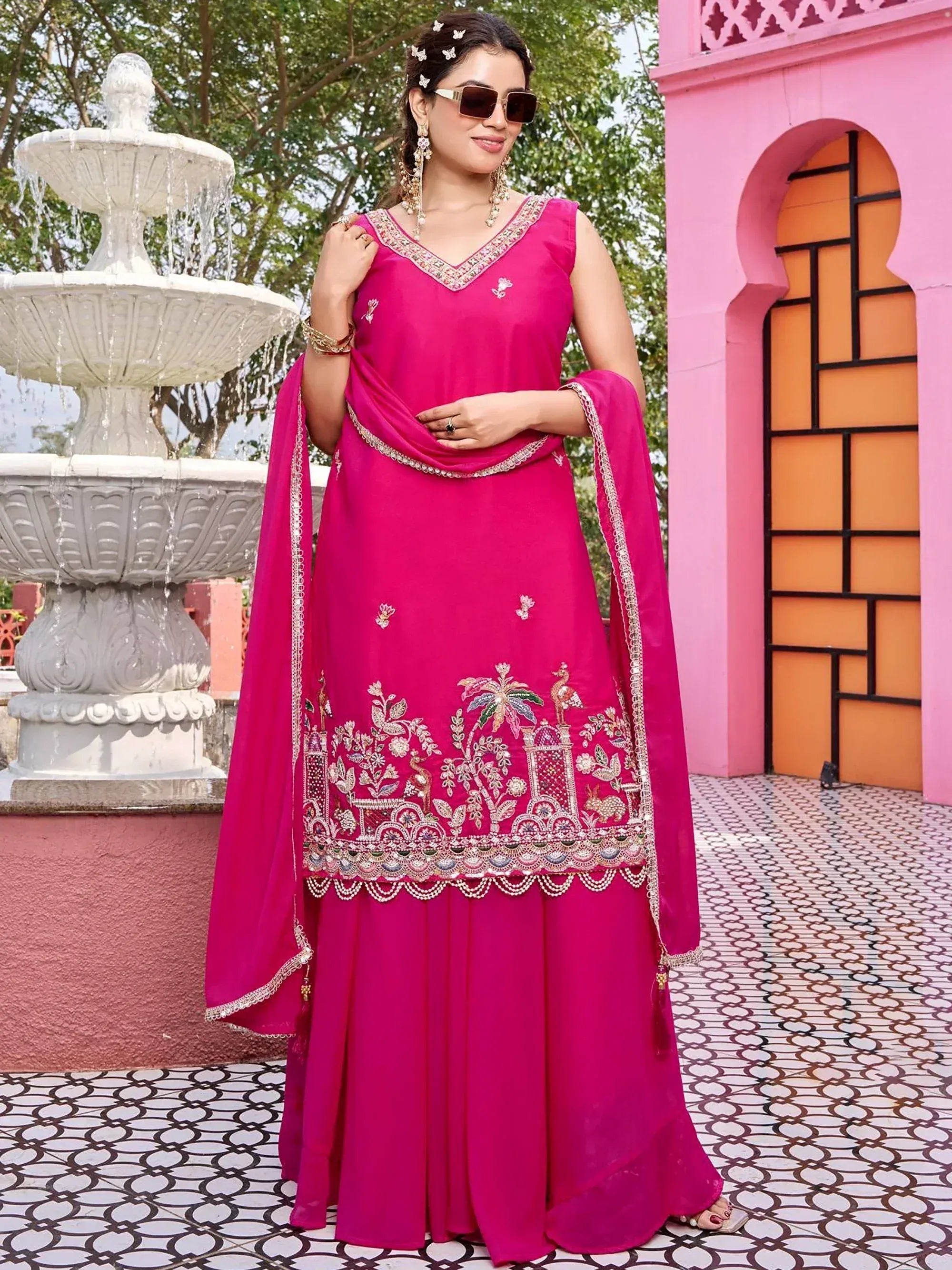 Awesome Pink Embroidered Georgette Wedding Wear Palazzo Suit