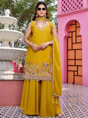 Attractive Yellow Embroidered Georgette Function Wear Palazzo Suit