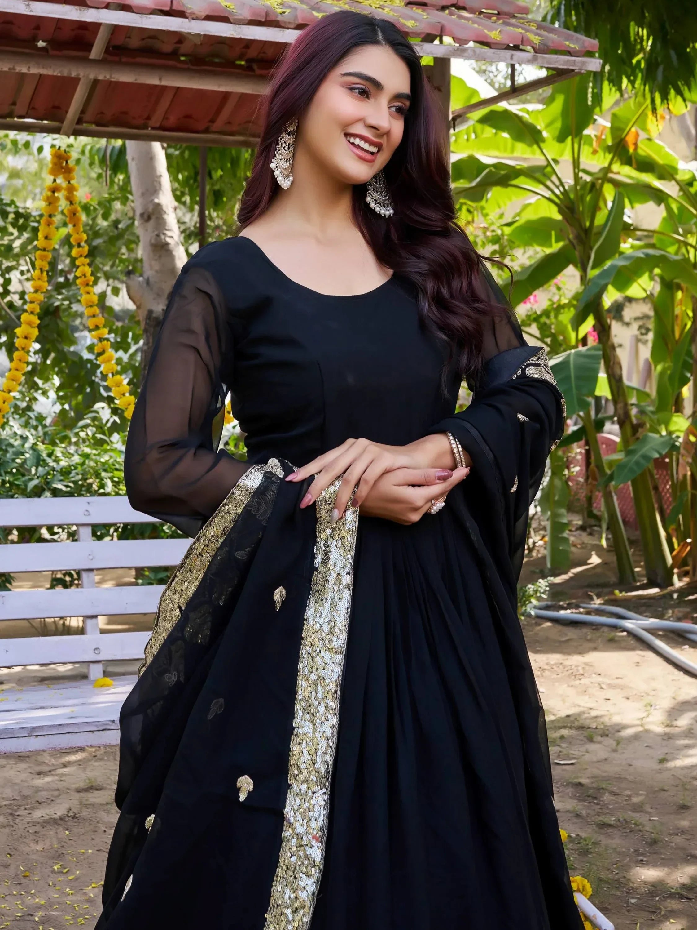 Wonderful Black Sequins Georgette Festival Wear Gown With Dupatta