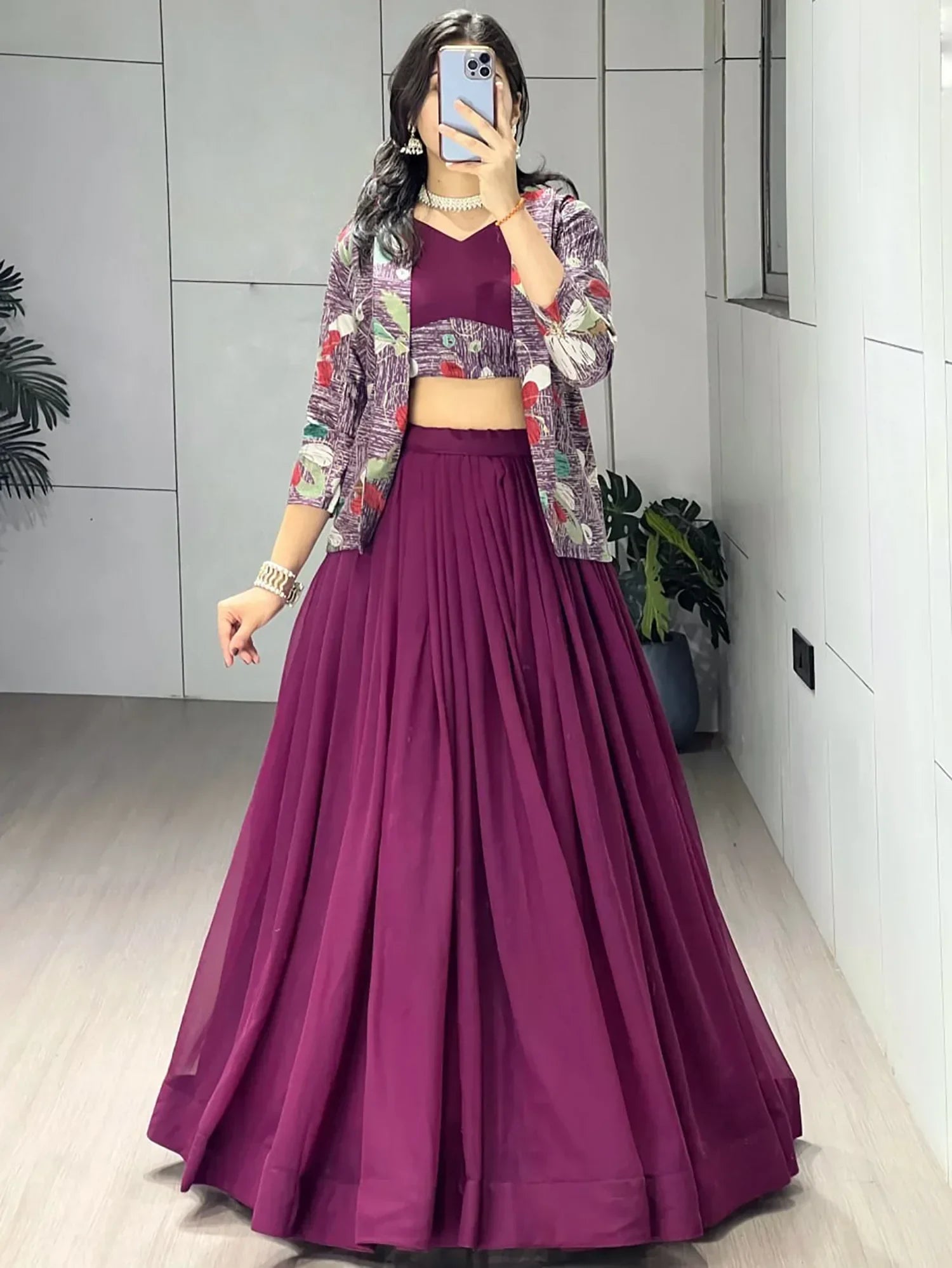 Classic Wine Printed Georgette Festive Wear Lehenga Choli With Koti