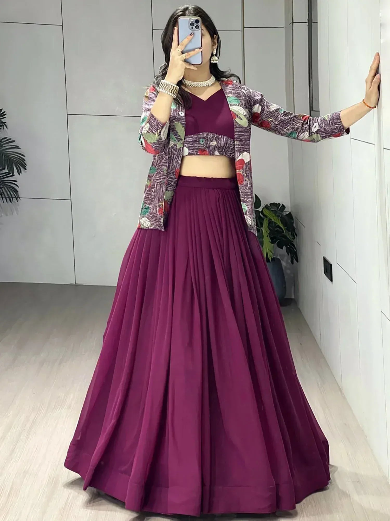 Classic Wine Printed Georgette Festive Wear Lehenga Choli With Koti