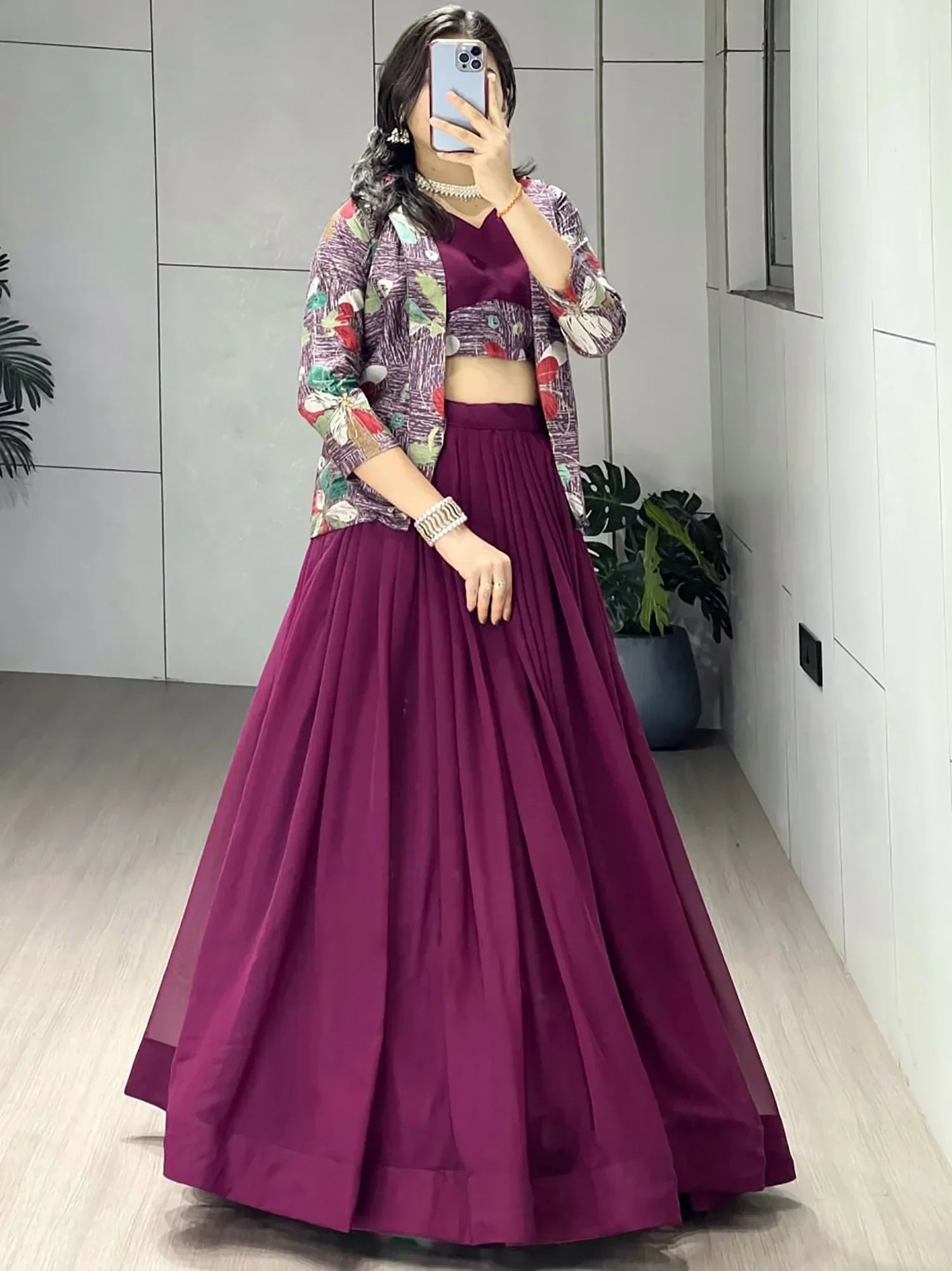 Classic Wine Printed Georgette Festive Wear Lehenga Choli With Koti
