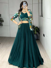 Alluring Green Printed Georgette Function Wear Lehenga Choli With Koti