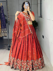 Graceful Orange Embroidered Silk Wedding Wear Lehenga Choli