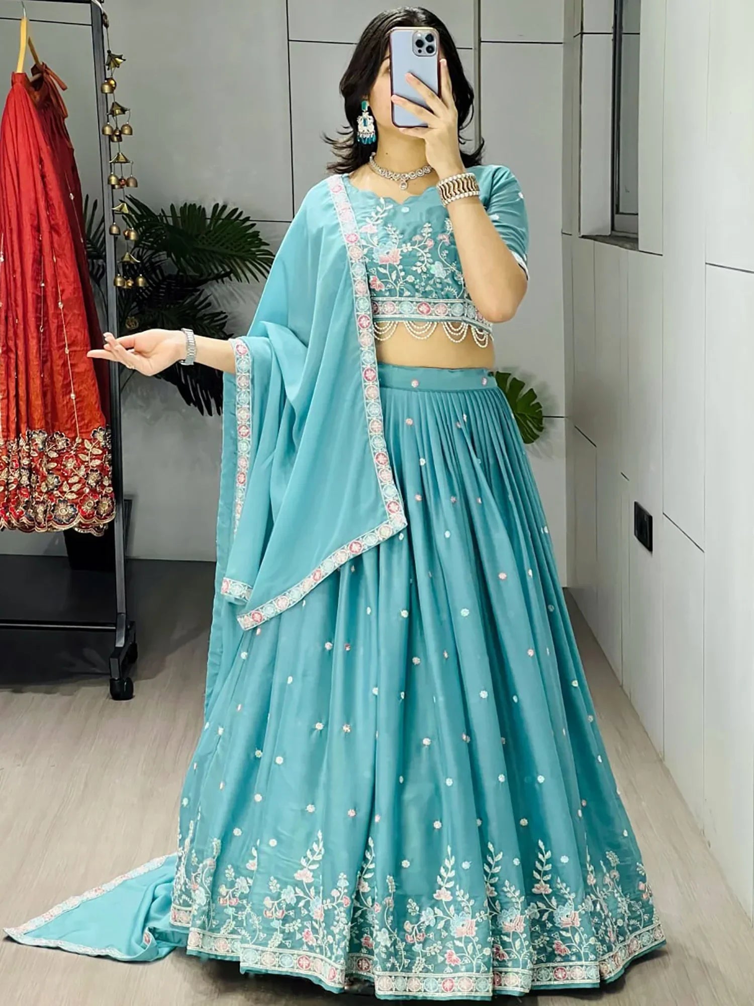 Fantastic Blue Embroidered Georgette Wedding Wear Lehenga Choli