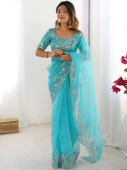 Fabulous Sky Blue Sequins Organza Festival Wear Saree With Blouse