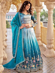 Incredible Blue Embroidered Crushed Wedding Wear Lehenga Choli