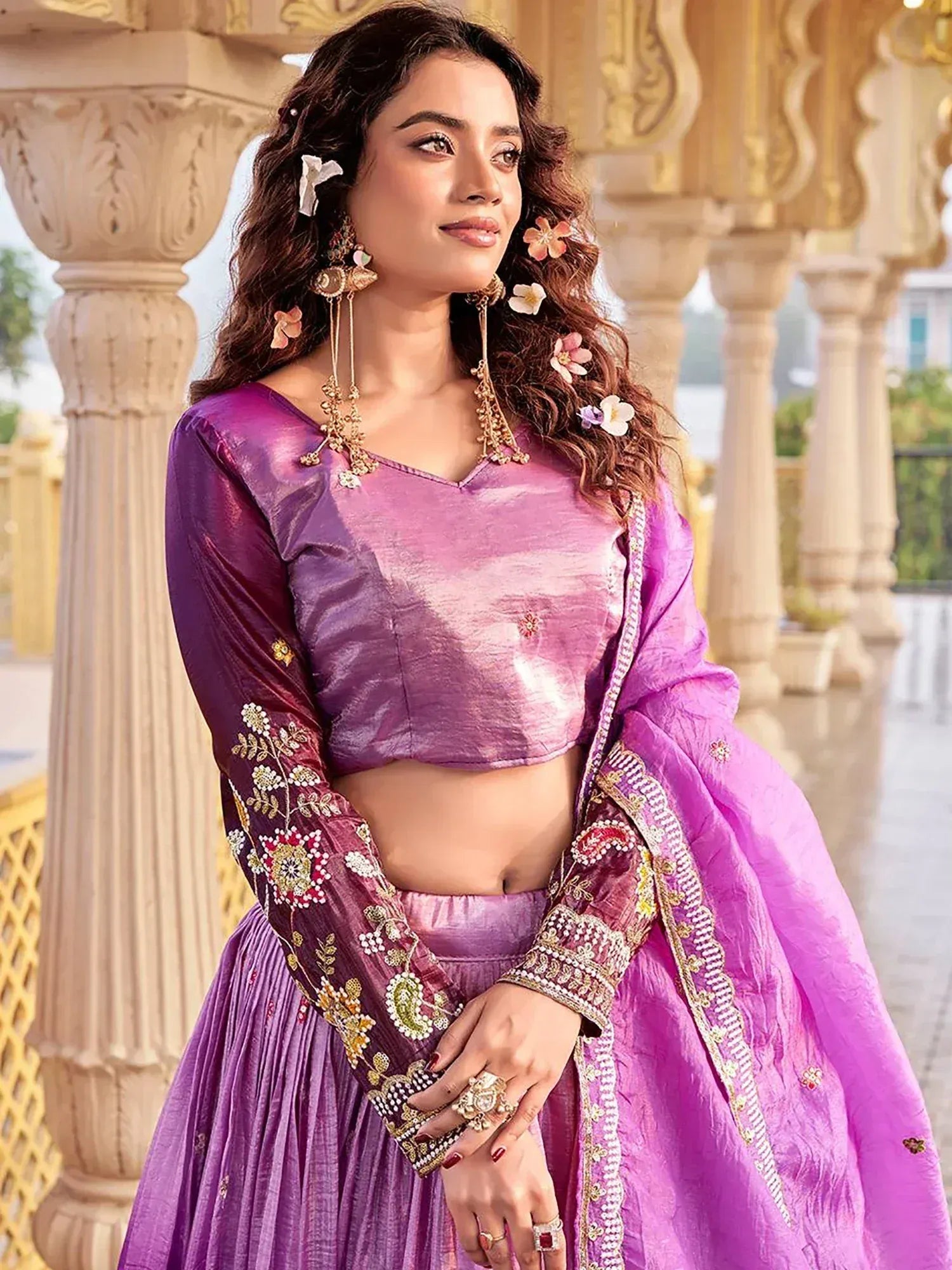 Outstanding Purple Embroidered Crushed Function Wear Lehenga Choli