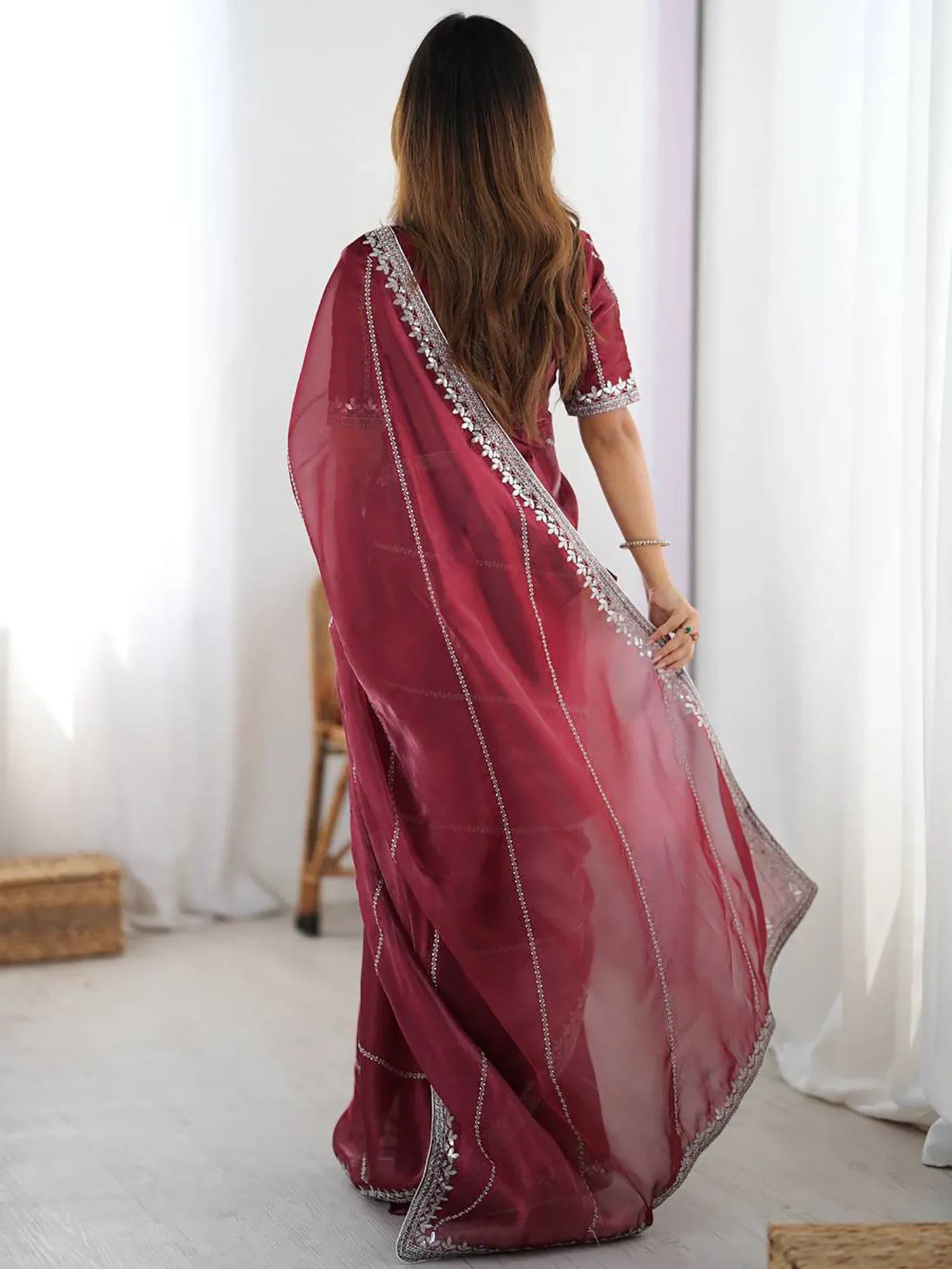 Grand Maroon Thread Work Silk Wedding Wear Saree With Blouse