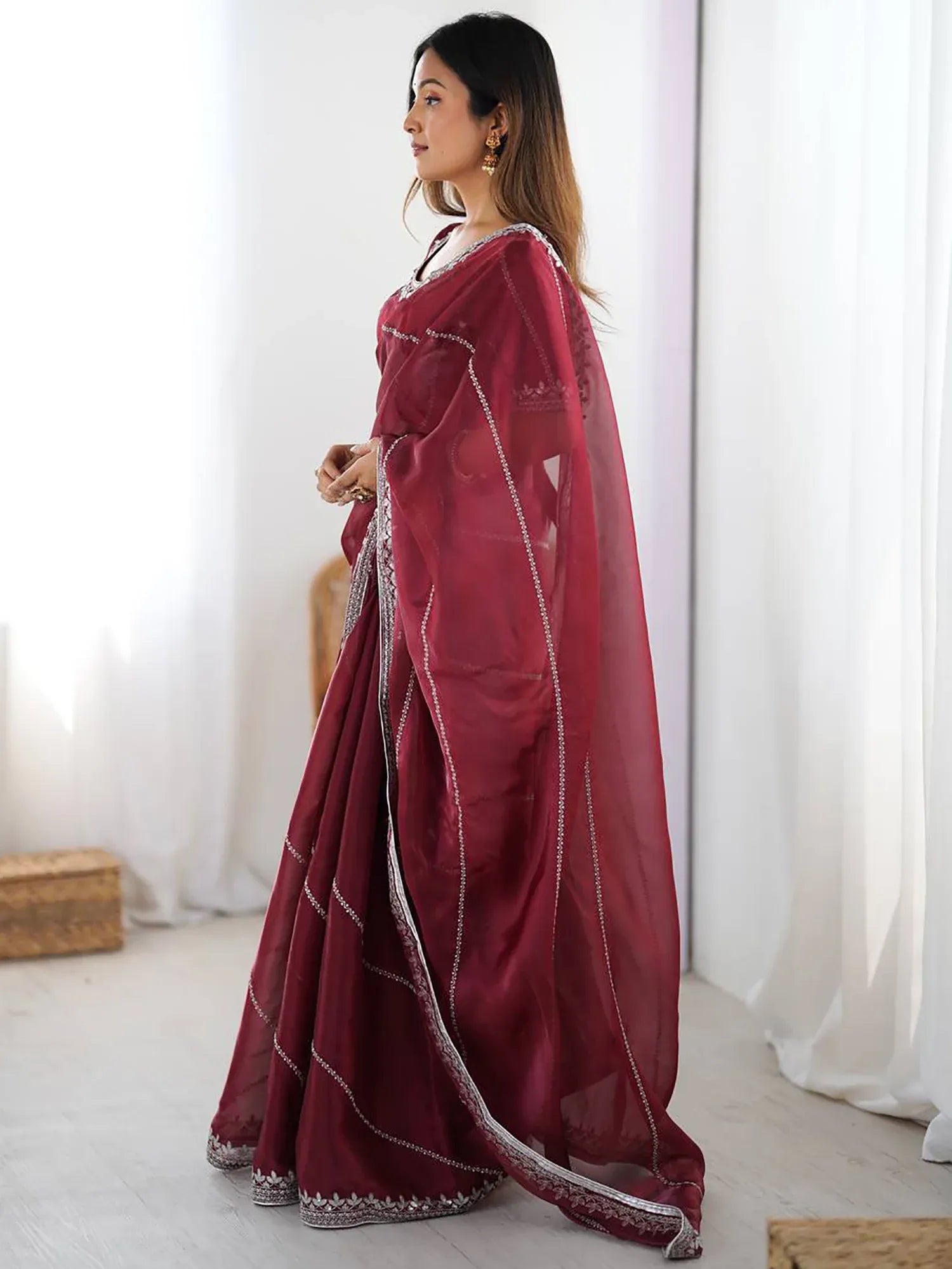 Grand Maroon Thread Work Silk Wedding Wear Saree With Blouse
