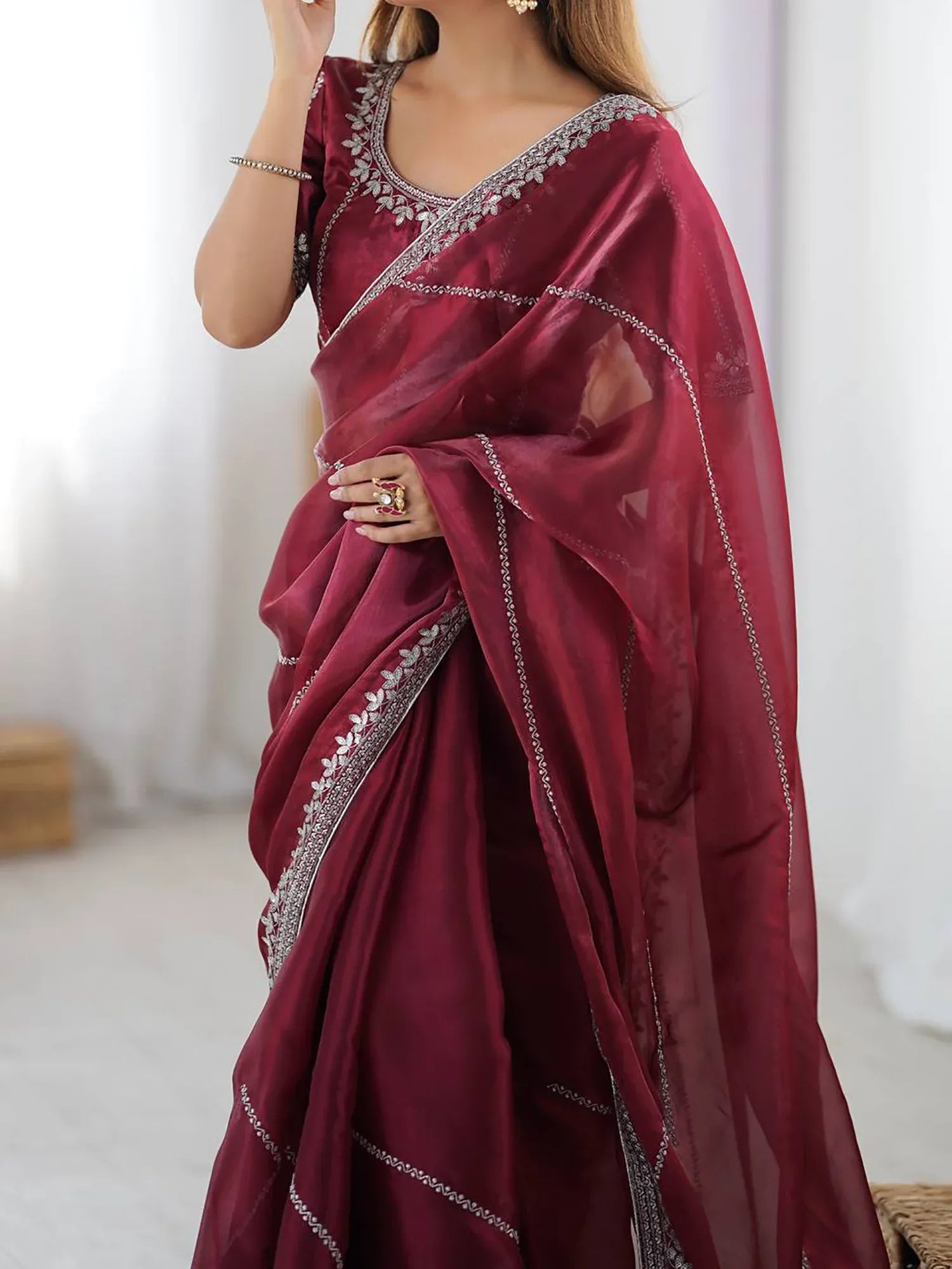Grand Maroon Thread Work Silk Wedding Wear Saree With Blouse