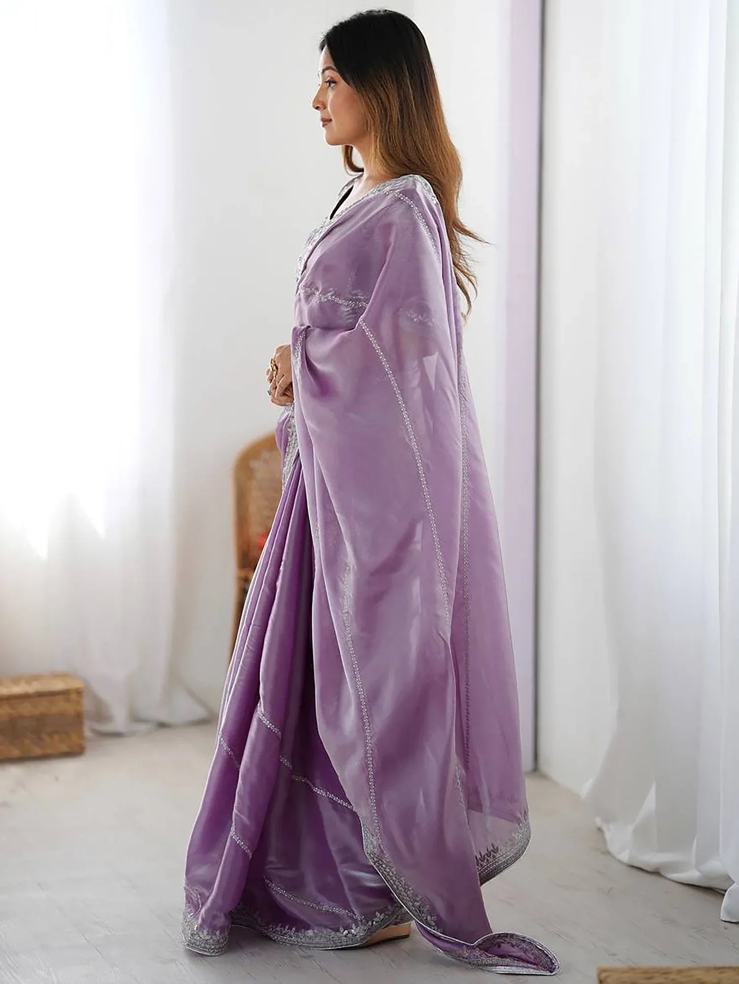 Marvelous Lavender Sequins Silk Traditional Saree With Blouse