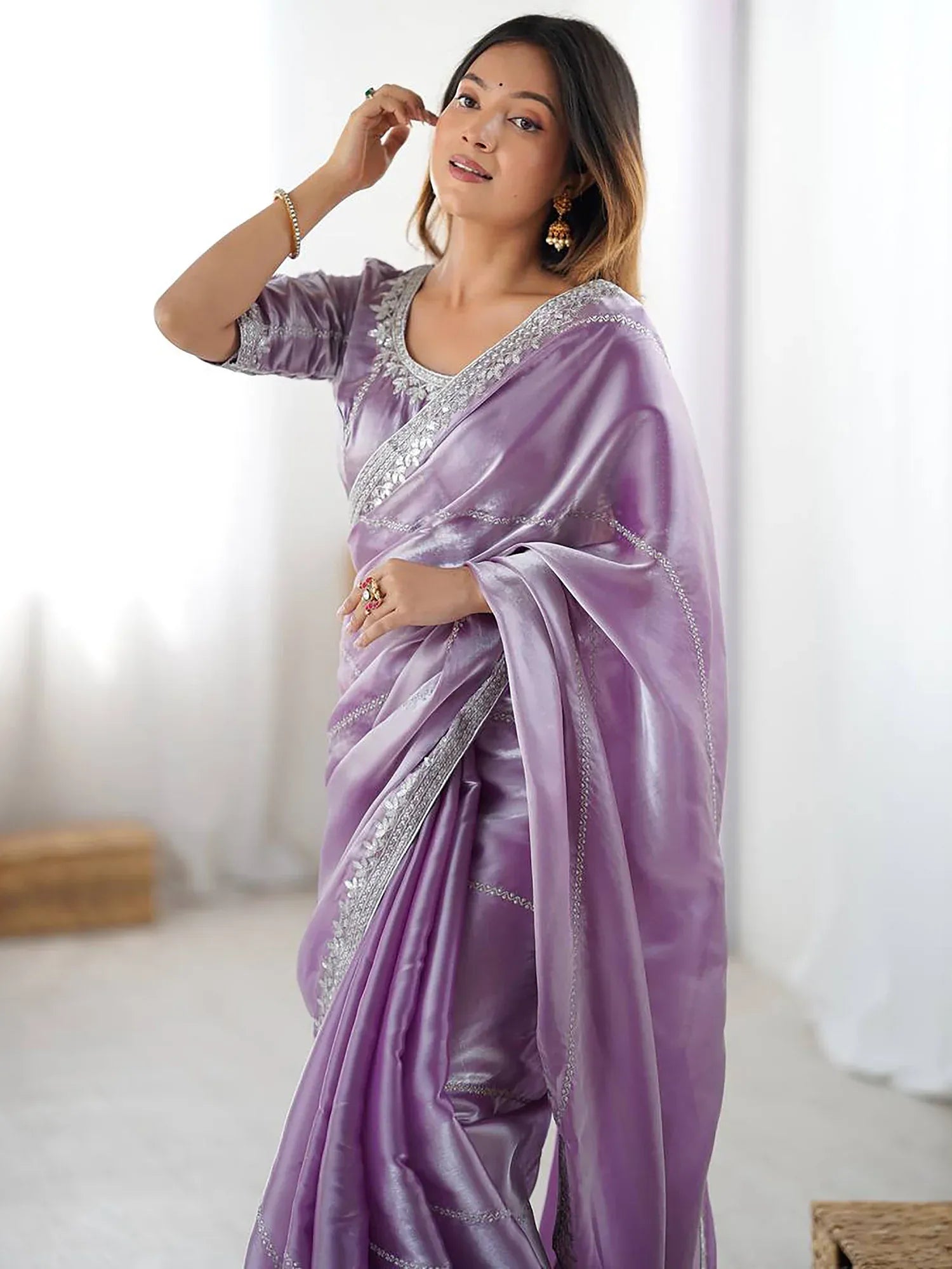 Marvelous Lavender Sequins Silk Traditional Saree With Blouse
