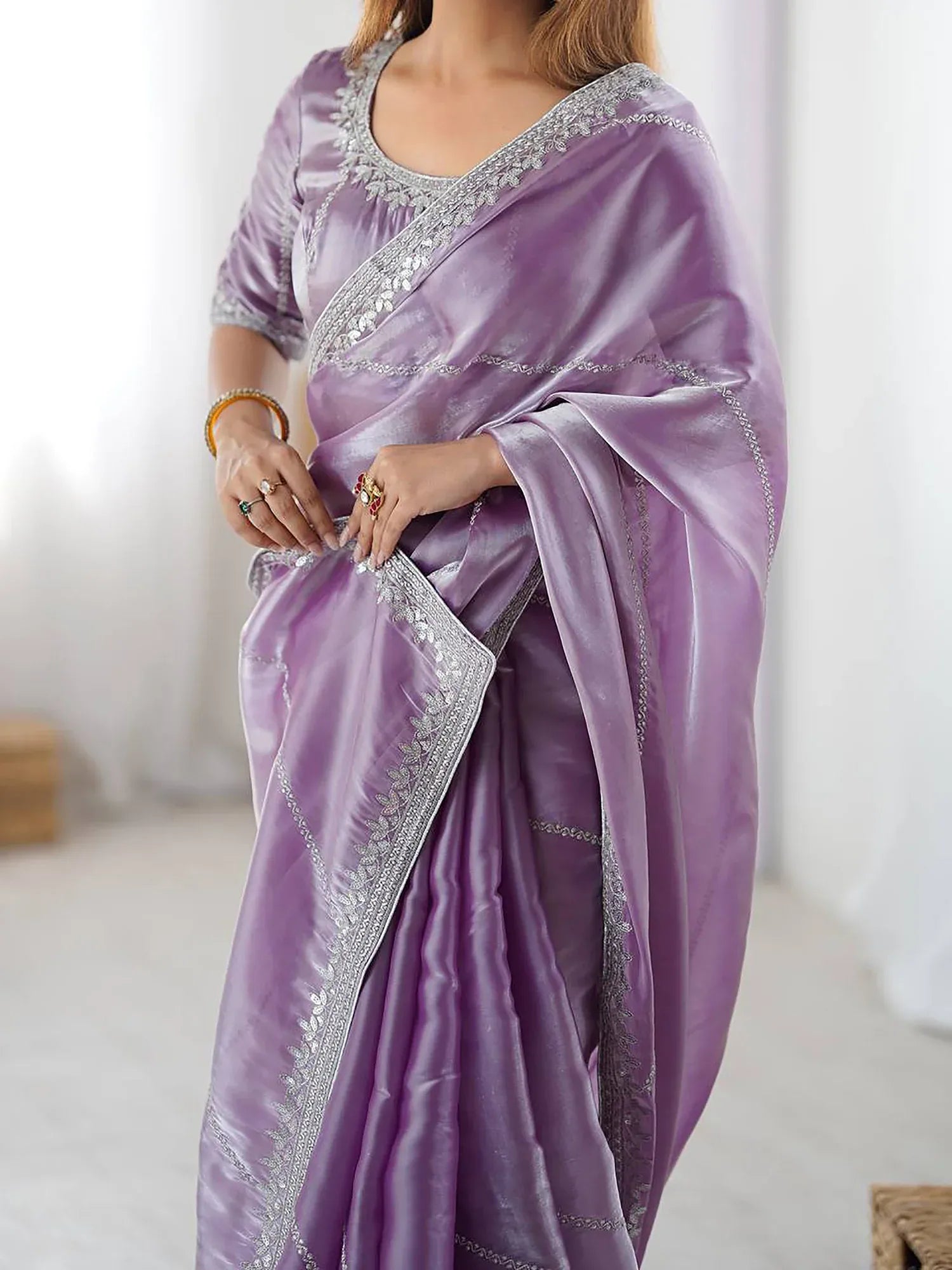 Marvelous Lavender Sequins Silk Traditional Saree With Blouse