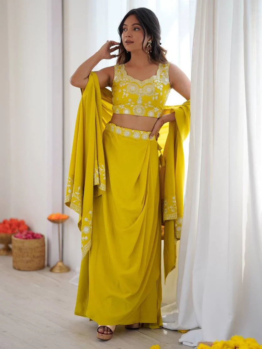 Stylish Yellow Sequins Crepe Indo-Western Drape Lehenga Set With Shrug