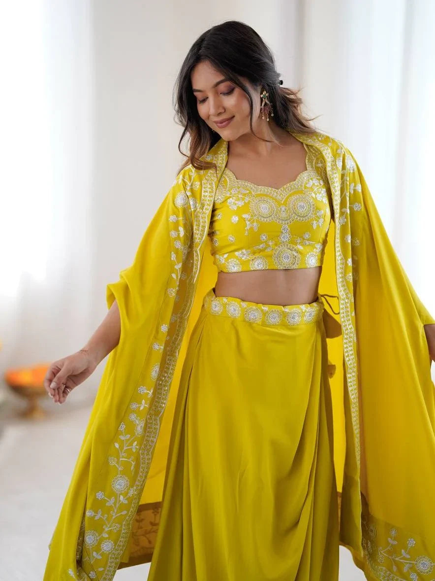 Stylish Yellow Sequins Crepe Indo-Western Drape Lehenga Set With Shrug