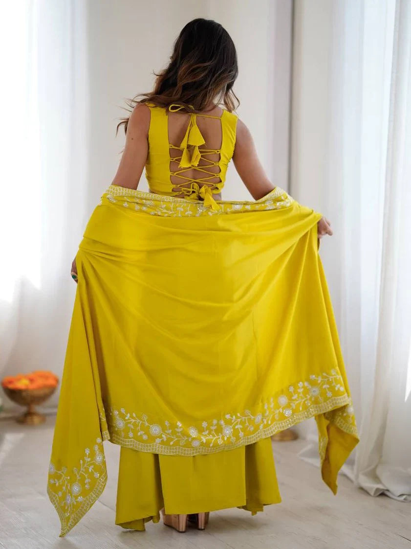 Stylish Yellow Sequins Crepe Indo-Western Drape Lehenga Set With Shrug