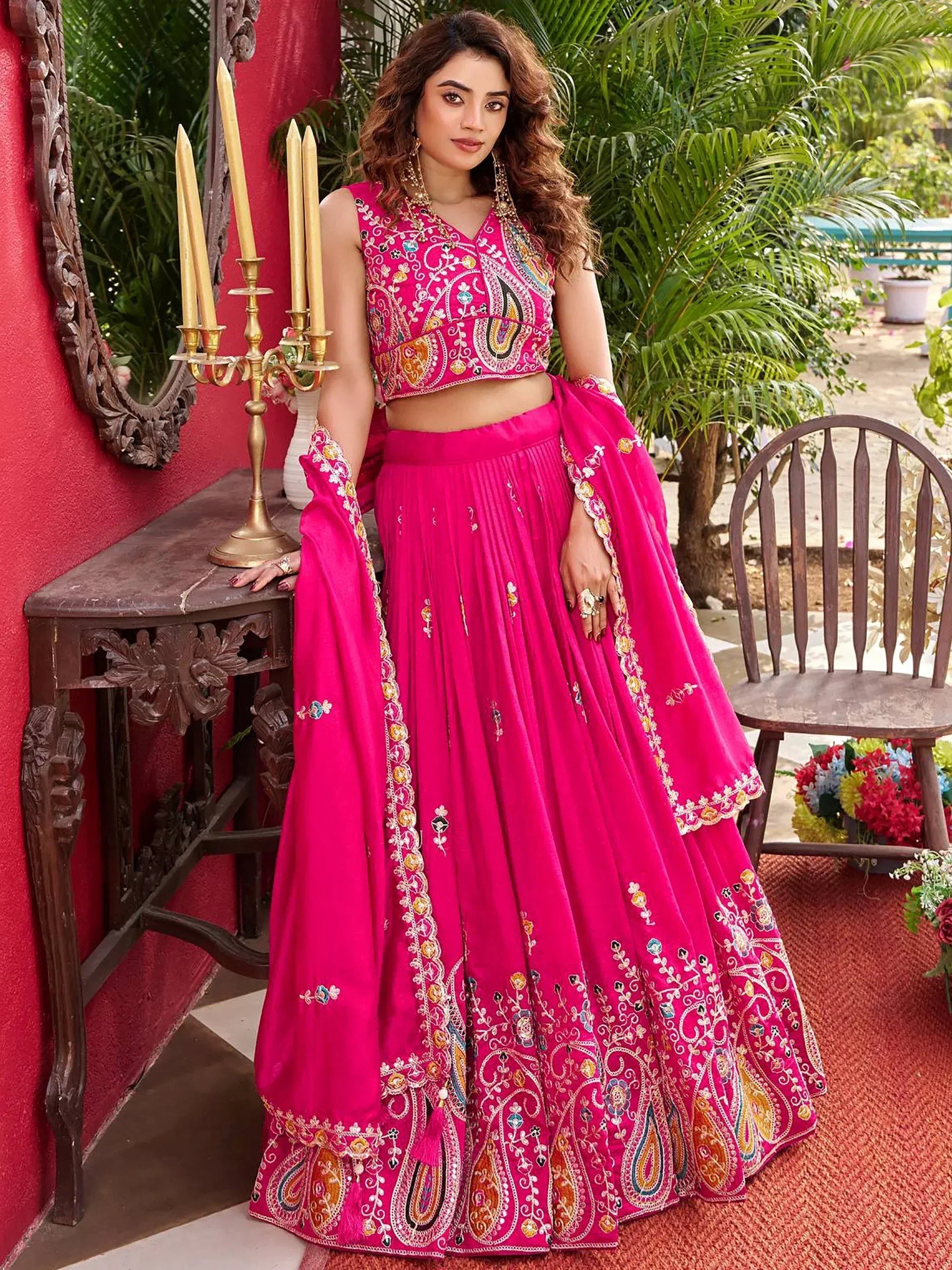 Awesome Pink Embroidered Silk Engagement Wear Lehenga Choli