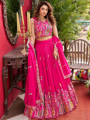 Awesome Pink Embroidered Silk Engagement Wear Lehenga Choli