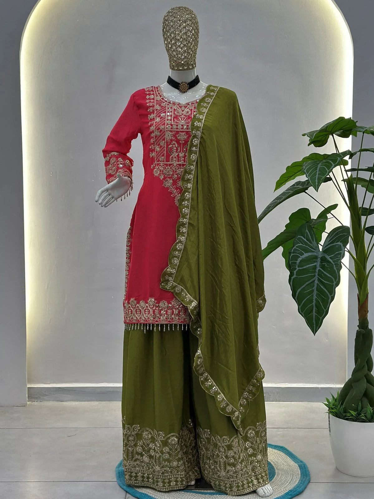 Red and olive green embroidered salwar kameez with matching dupatta, ethnic Indian wear