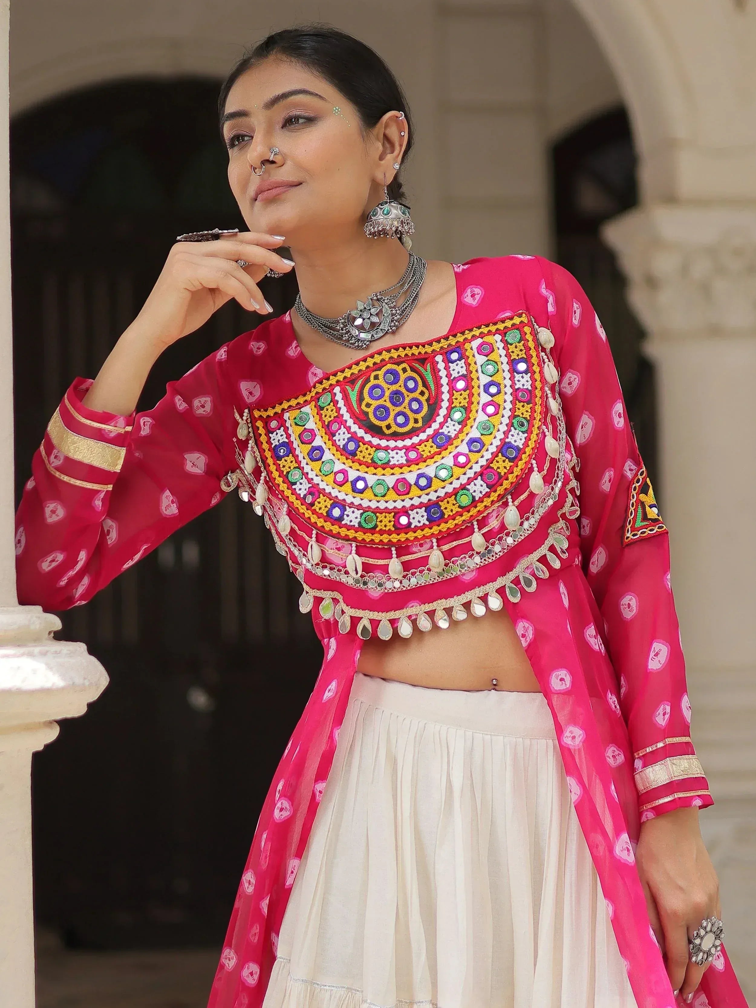 Pink embroidered crop top with mirror work and white skirt, Indian ethnic wear