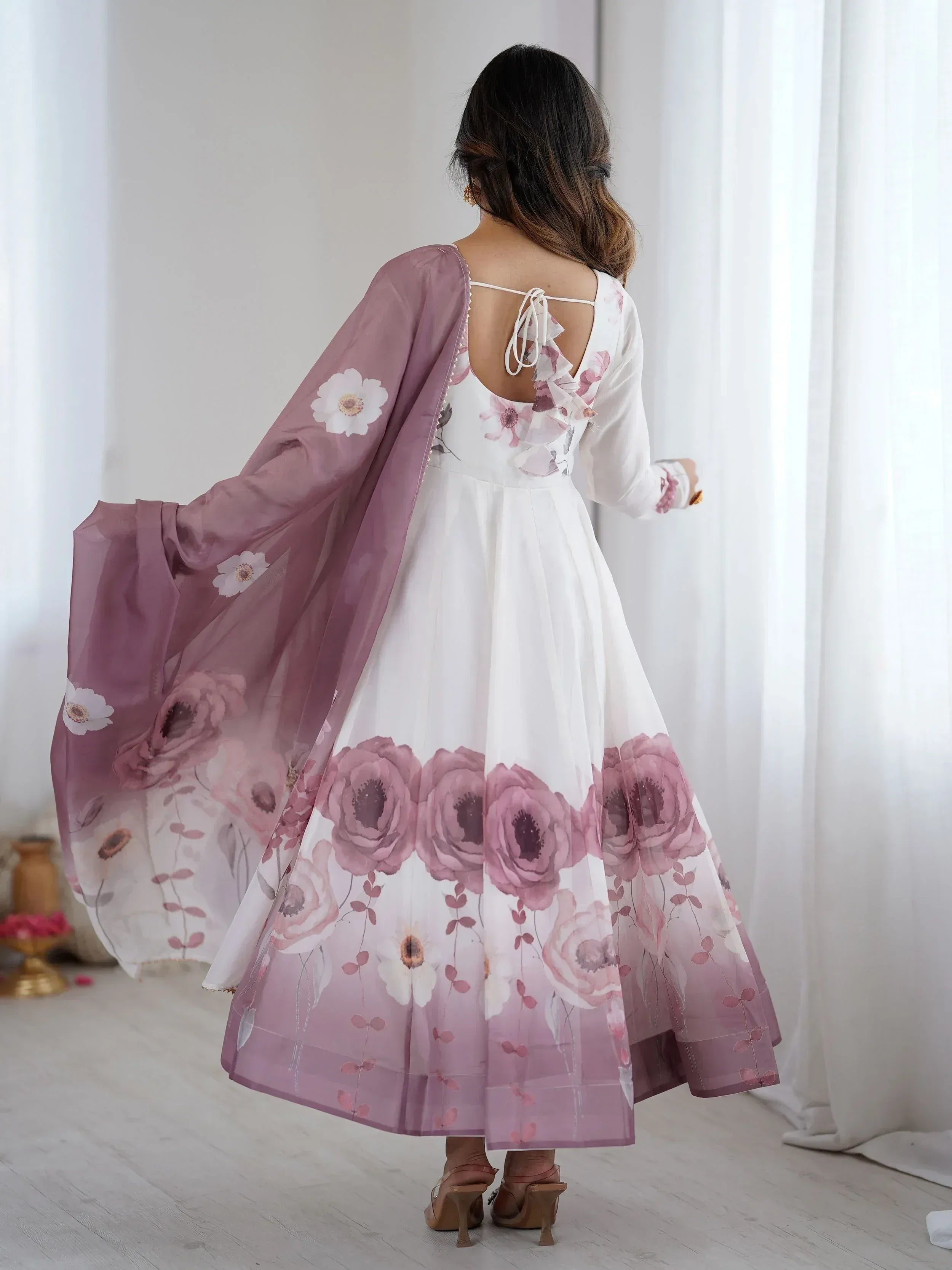 White floral anarkali with pink rose print and matching dupatta, ethnic wear for women