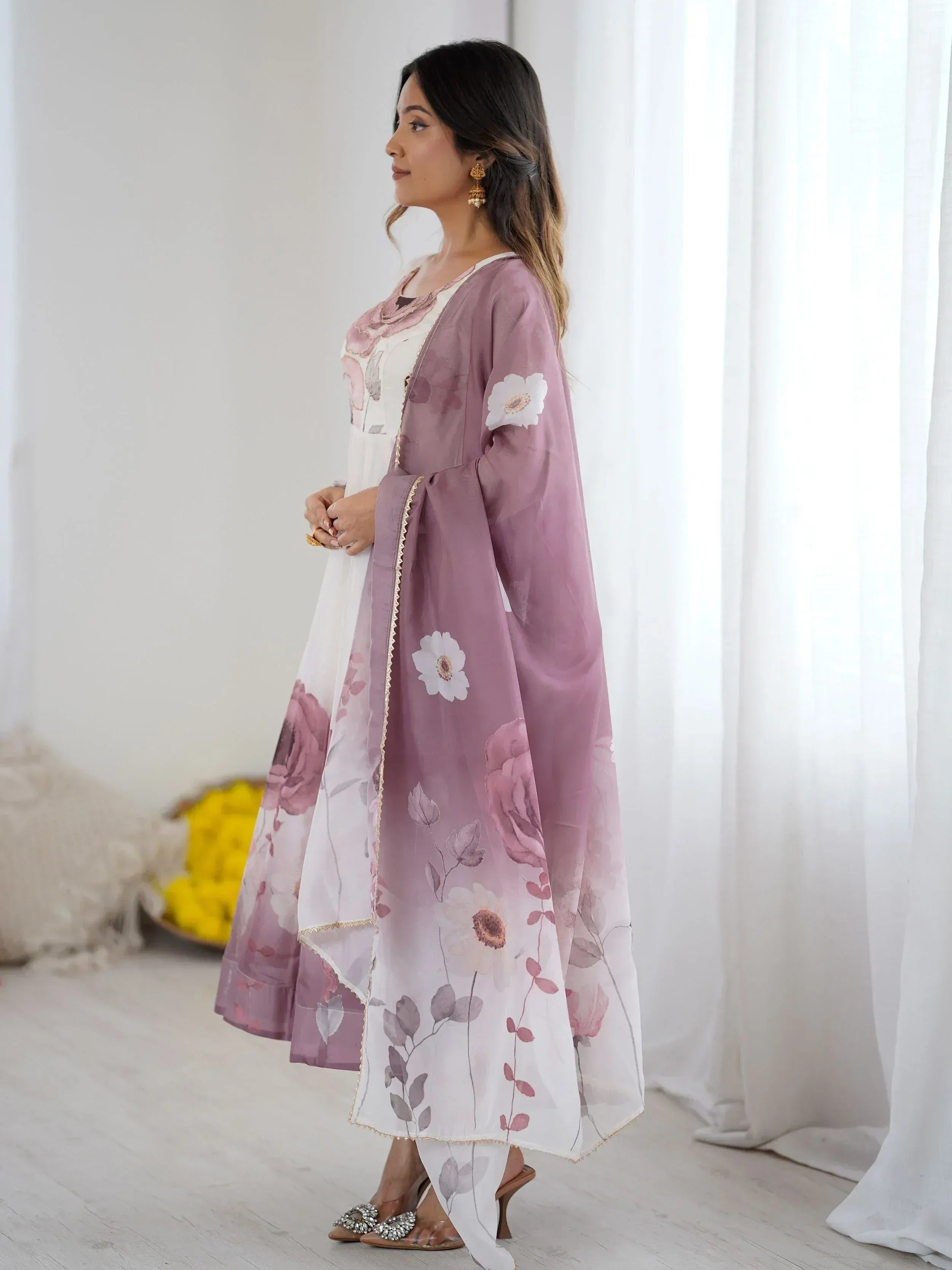 Floral print Indian ethnic salwar kameez with sheer dupatta, perfect for festive occasions
