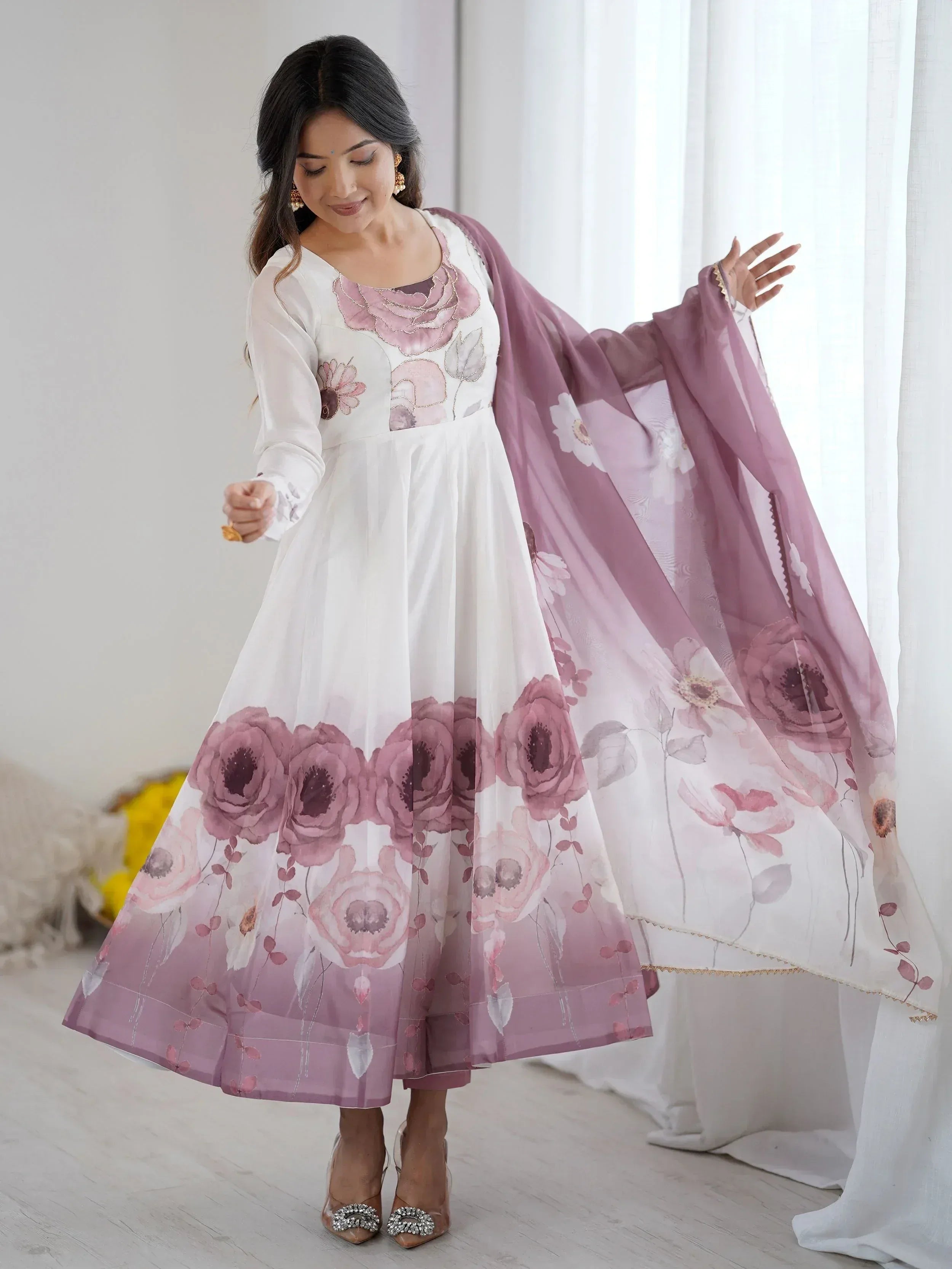 White and pink floral printed ethnic gown with matching dupatta, perfect for Indian occasions