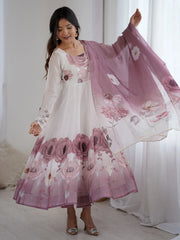 Alluring Pink Organza Floral Printed Festival Wear Anarkali Suit