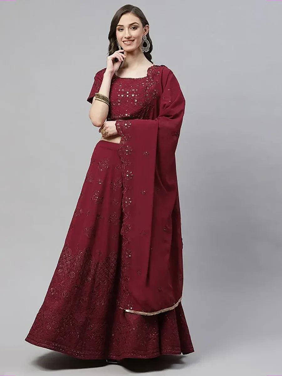 Maroon embroidered lehenga choli with dupatta, Indian ethnic wear for women